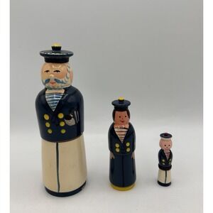 Hand Painted Polish Wood Sailor Nesting Dolls Set of 3 Mom/Dad/Child 6" Vintage